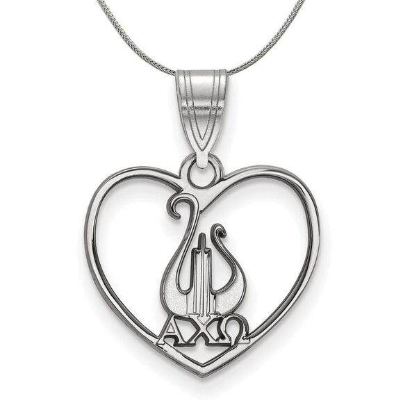 Sterling Silver Alpha Chi Omega Heart Pendant Necklace - 24 Inch - Picture 1 of 8